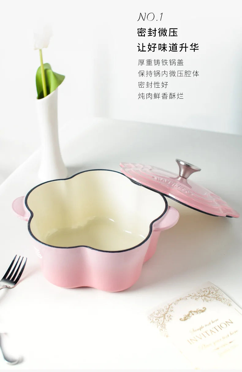 Petal Cast Iron Pots Dutch Oven Binaural Enamel Pot for Bake Bread and Casserole Dish Braising with Lid for All Heat Source