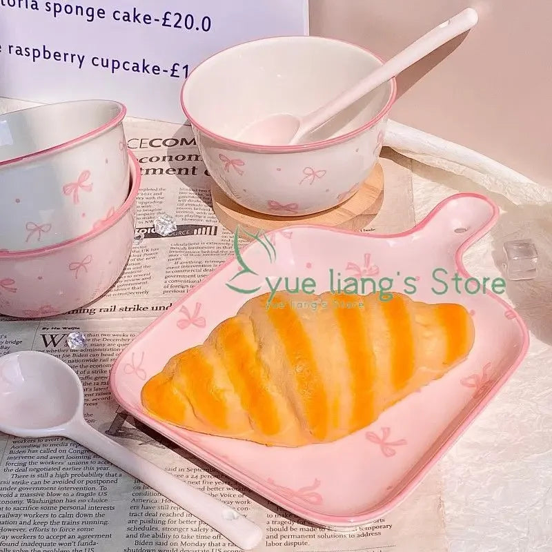 Pink Bow Ceramic Cutlery Set, Home Tableware Ceramic Handle Bowl Yogurt Cup High Value Breakfast Plate Drinkware