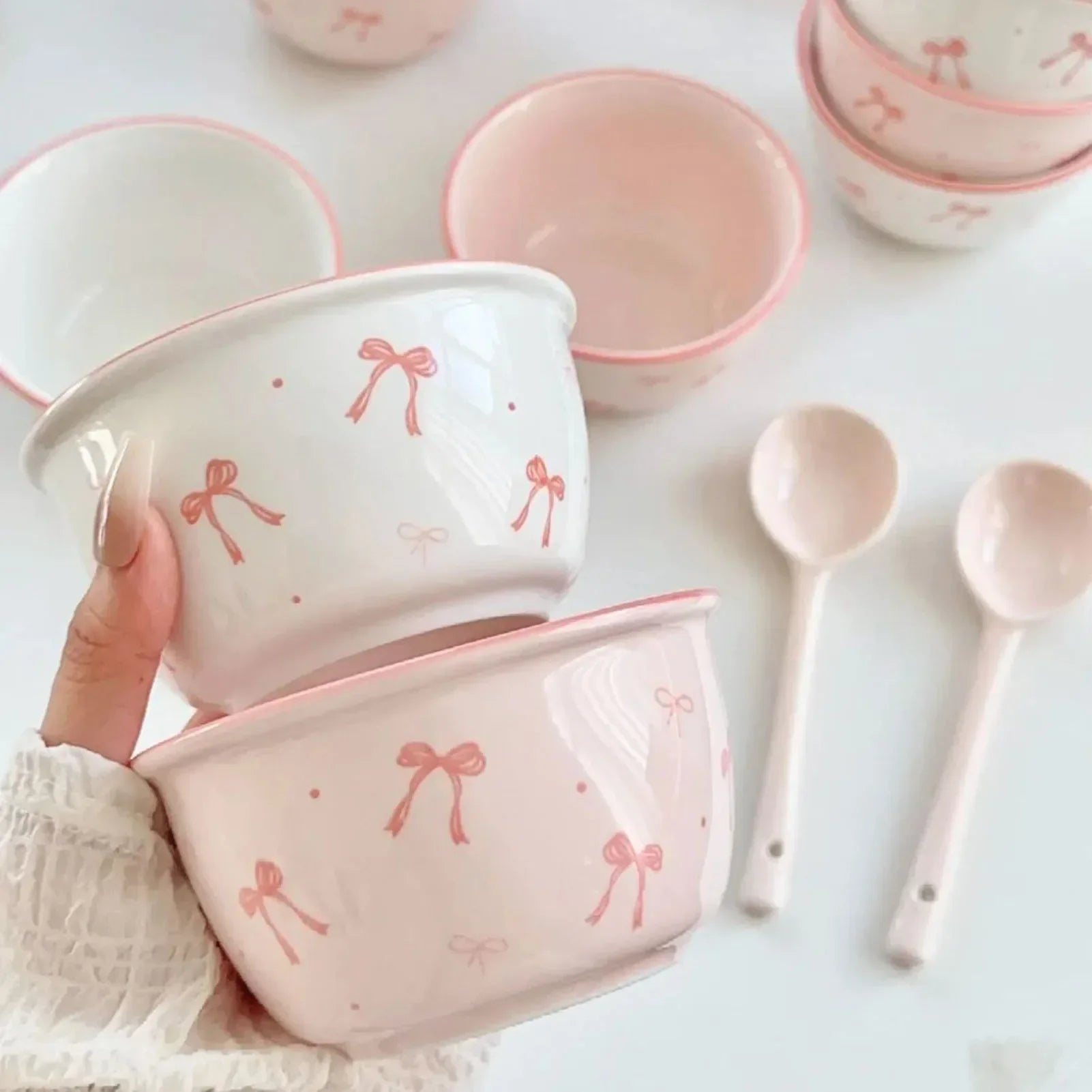Pink Bow Bowls Cute Underglaze Colored Bowknot Ceramic Rice Bowl With Spoons