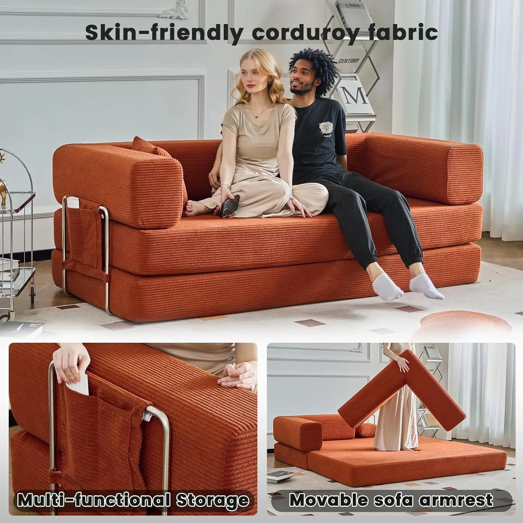 Combination Modular Sofa Living Room Folding Sofa Bed Convertable Corduroy Couch Floor Sleeper 4-in-1 Comfy Foldable Lazy