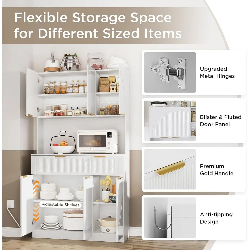Kitchen Pantry With Charging Station, White Modern Hutch With Drawers & Microwave Stand, Buffet Cabinet With Countertop