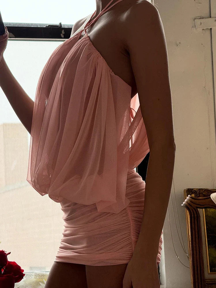 Ruched Sexy Mesh Dress Women Elegant Backless Draping Strapless Bodycon