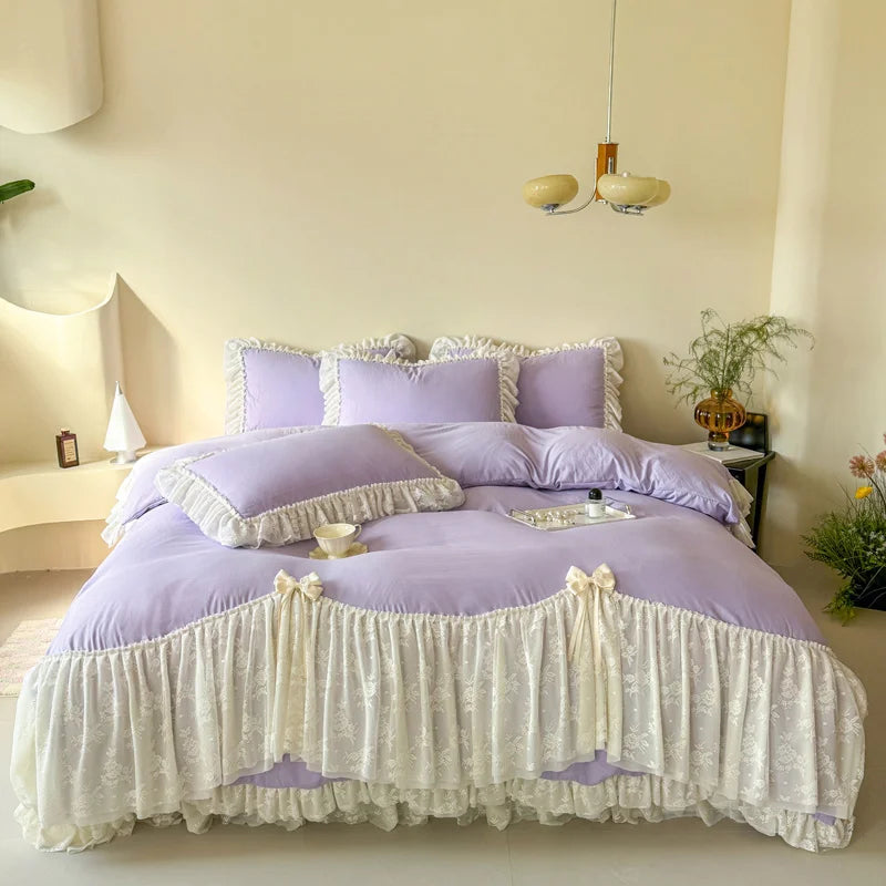 Princess Lace Bow Bedding Set Sweet Girl Chiffon Ruffles Duvet Cover Bed Sheet Pillowcase