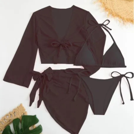 Women Micro Mini String Bikini Sets â€?4 Pieces with Mesh Cover Tops and Skirt Swimsuit Bathing Outfits