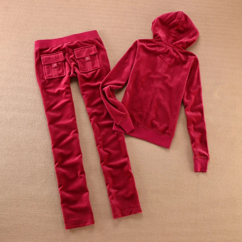 Solid Color Velvet Tracksuit For Women Two Piece Spring Women's Sweatshirt and Trousers Set