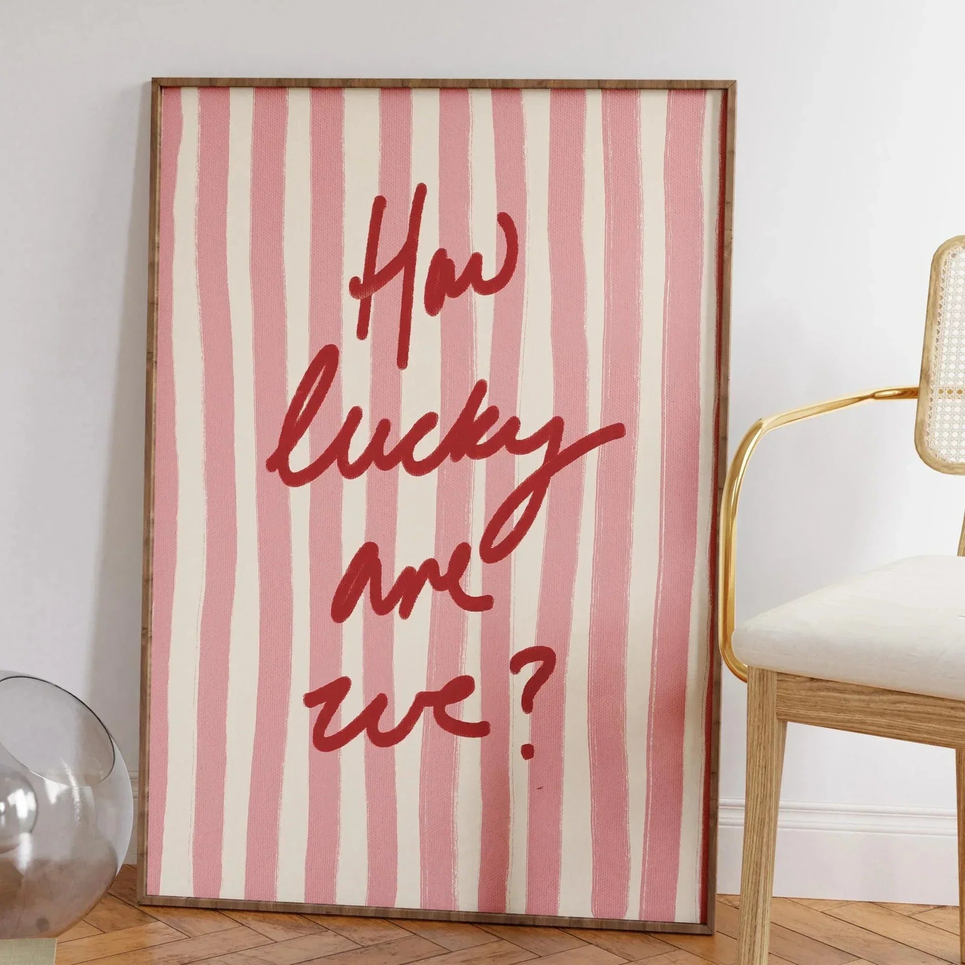 How Lucky Are We? Pink Stripes Quote Canvas Print Poster Modern Aesthetic Art Print Home Decor Art Poster