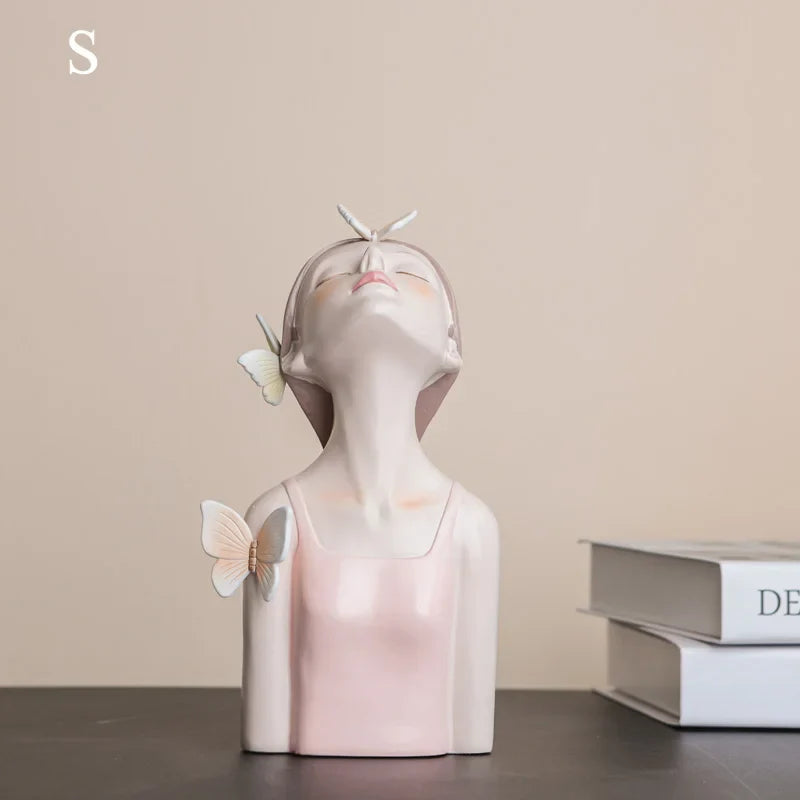 Pink Girl Butterfly Fairy Figurines, Resin Tabletop Statues, Creative Girl Bust With Butterflies, Home Decor Craft