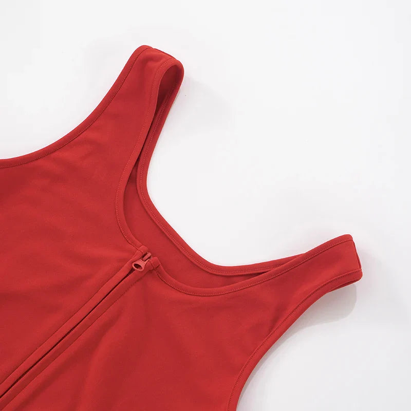 Casual Women 2 Piece Set Stretch Double Zip Tank Tops+Shorts Matching Patchwork Simple Basic Streetwear