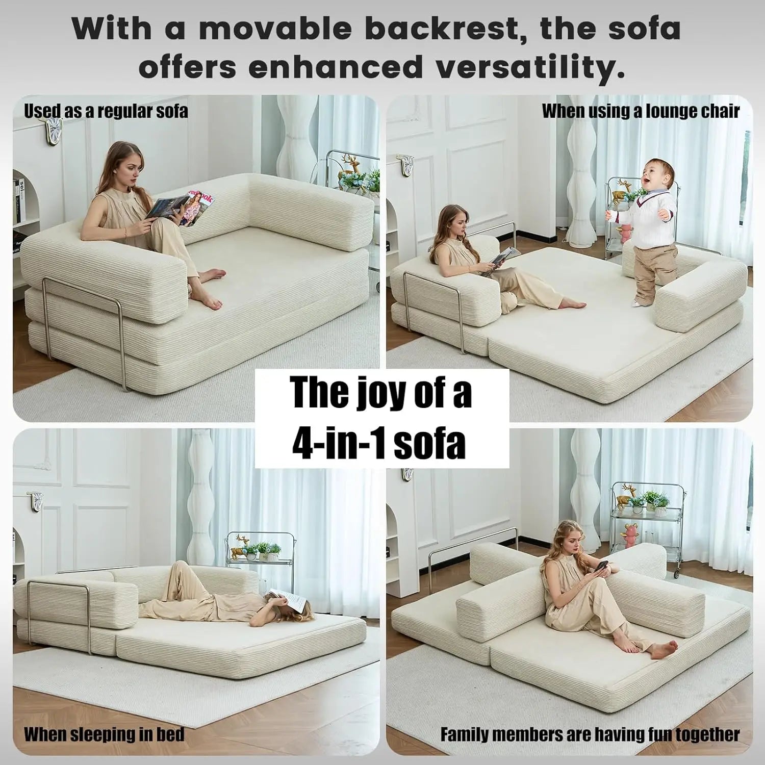 Combination Modular Sofa Living Room Folding Sofa Bed Convertable Corduroy Couch Floor Sleeper 4-in-1 Comfy Foldable Lazy