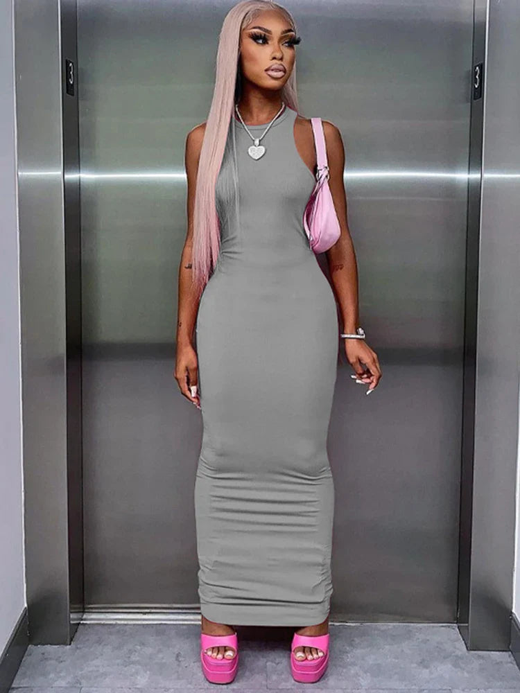 Ribbed Sexy Y2K Clothes Sleeveless Bodycon Maxi Dresses For Women Club Birthday Party Streetwear Elegant Outfits