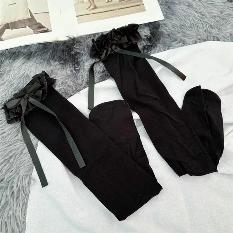 Women Lace Black White Ruffle Long Socks Women Girls Sweet Stockings Lolita Nylon Lace Leggings Over The Knee Bowknot Hosiery