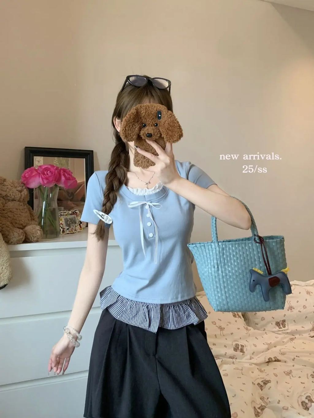 Sweet Style Fake Two-piece Bow Sweet Girl Top Short Sleeve T-shirt Slim Fit