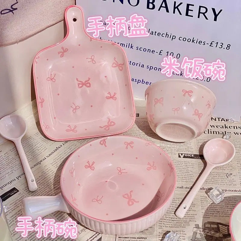 Pink Bow Ceramic Cutlery Set, Home Tableware Ceramic Handle Bowl Yogurt Cup High Value Breakfast Plate Drinkware