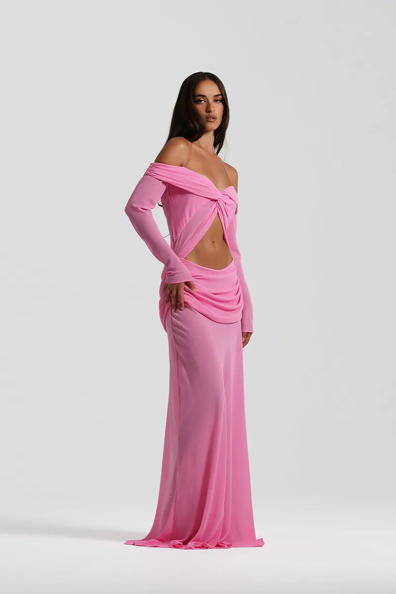 Hollow Out Ruched Sexy Maxi Dress Women Gown Halter Long Sleeve Strapless Backless Draped Slim Elegant Long Dress