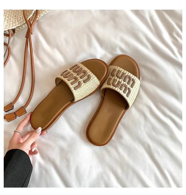 Vintage Woven Women's Sandals Fashion Letter Woven Flat Slippers