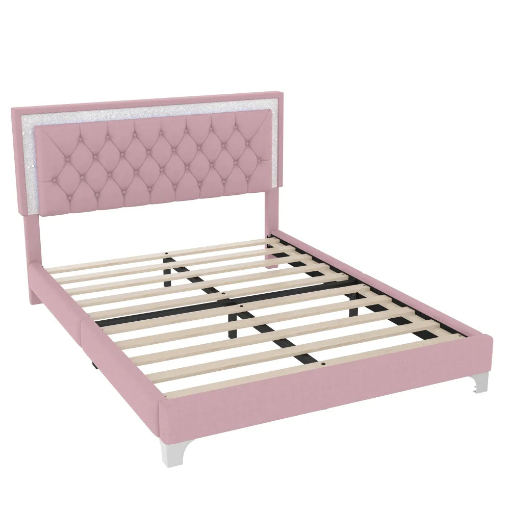 Three -Piece Upholstered Platform Bed Set with LED Lights and Nightstands Pink Velvet Foam-Filled Elegance & Ambiance Easy