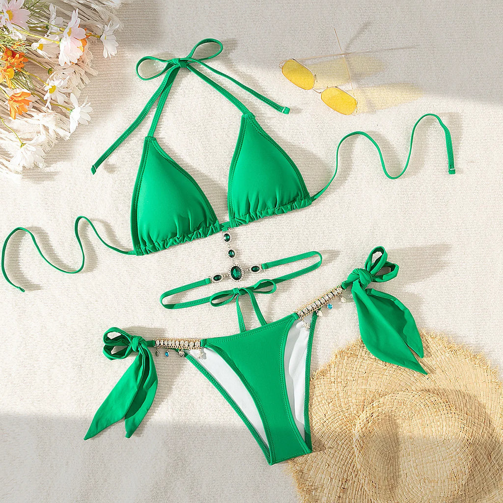 Women's Swimwear Crystal Diamond Triangle Bandage Backless Beach Bikini Swimsuit