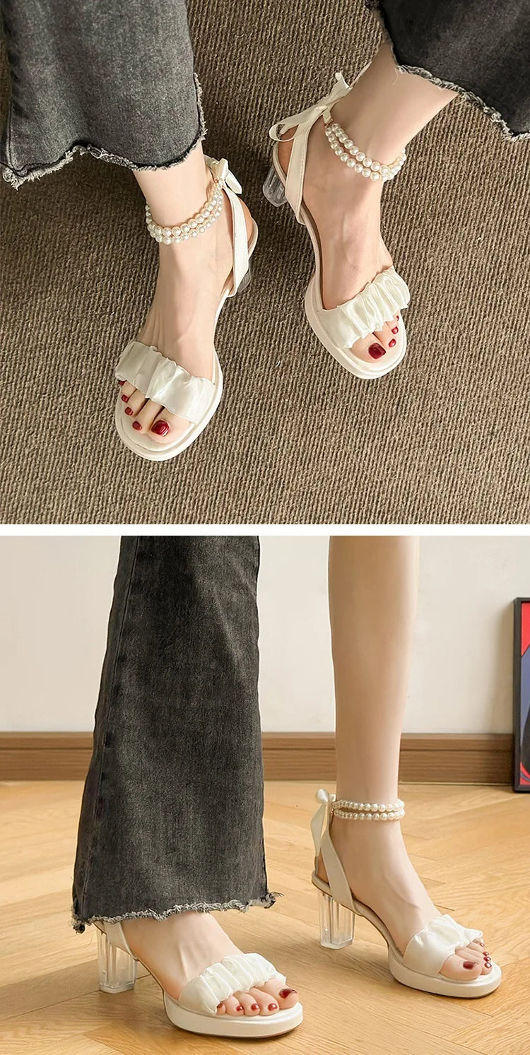 Women's Fashion Crystal Pearl High Heels Sandals