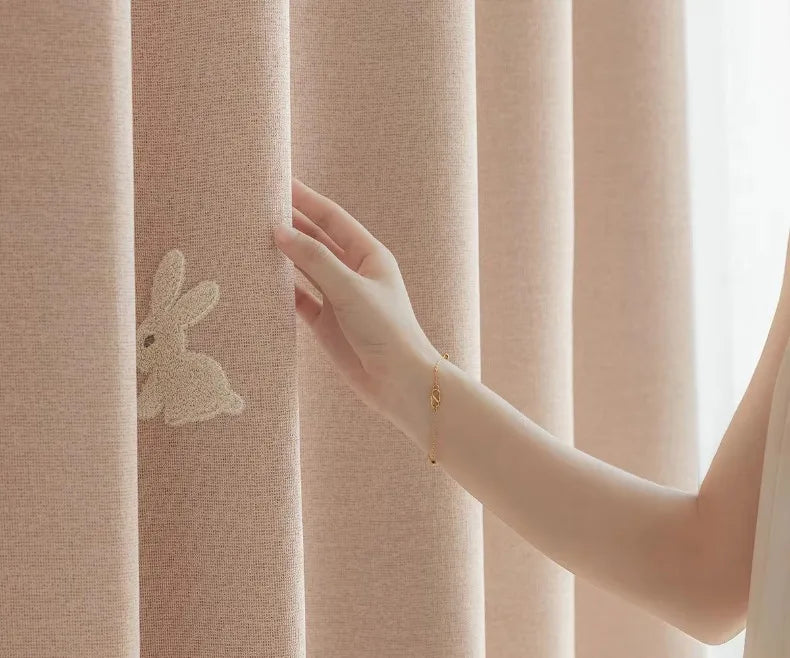 Pink Cartoon 3D Embroidered Rabbit Blackout Curtains for Living Room Bedroom Girls Room Sticky Chenille Drapes Home Decor