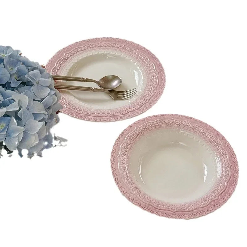 Pink Ceramic Plate French Underglaze Colored Plate Dinner Set Plates and Dishes