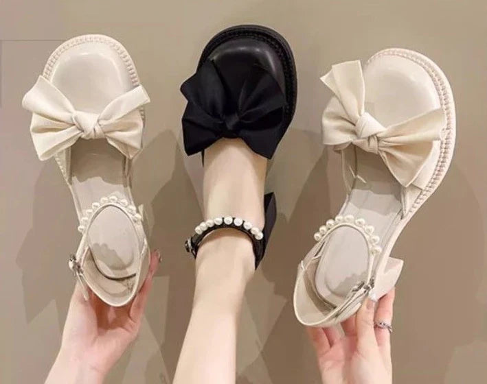 Ladies Luxury Bow Pearl With Medium Heels Mary Jane Shoes