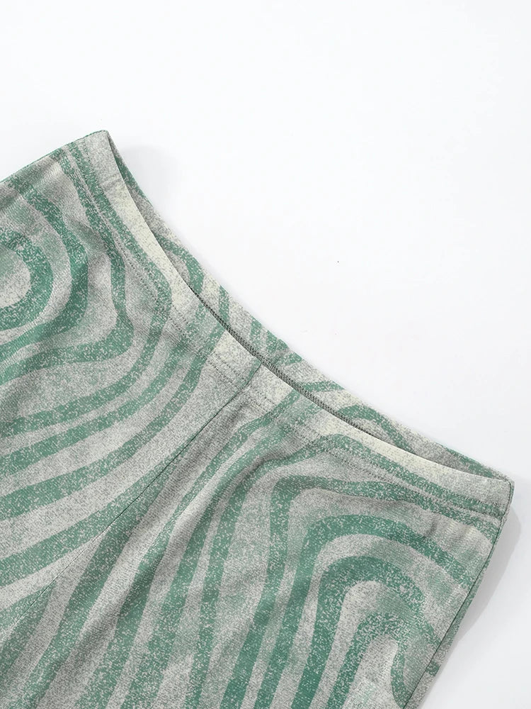 Geometric Print Patchwork 2 Piece Set Women o-Neck Skinny Bodysuit+Wide-leg Trousers Sexy Outfits