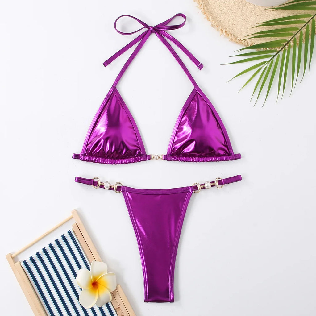 Shiny Micro Bikini Women Sexy PU Pearls Push Up Thong Swimsuit Summer Bathing Suit
