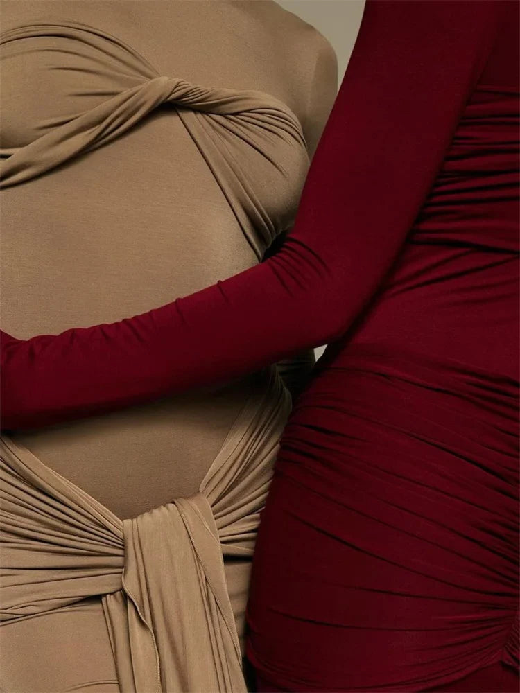Female Pleated Sexy Maxi Dress Patchwork Twist Slim Long Sleeve Solid Women's Bodycon Dress