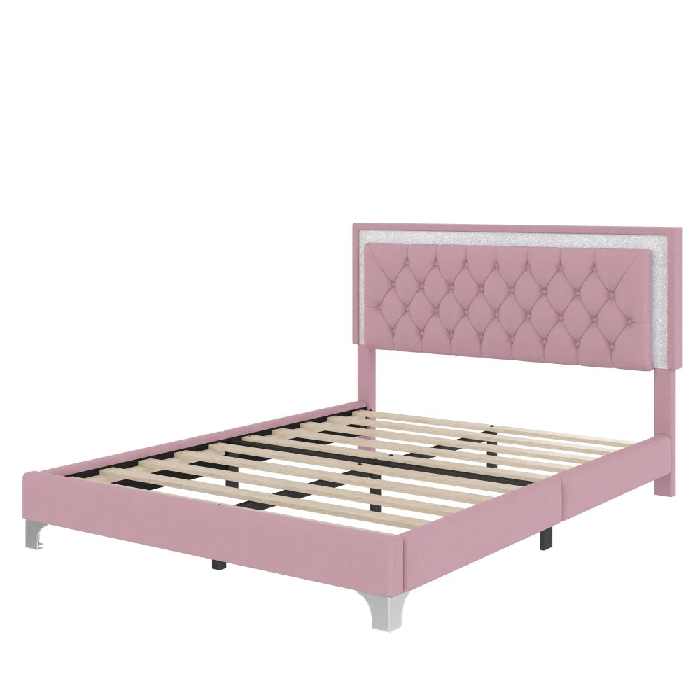 Three -Piece Upholstered Platform Bed Set with LED Lights and Nightstands Pink Velvet Foam-Filled Elegance & Ambiance Easy