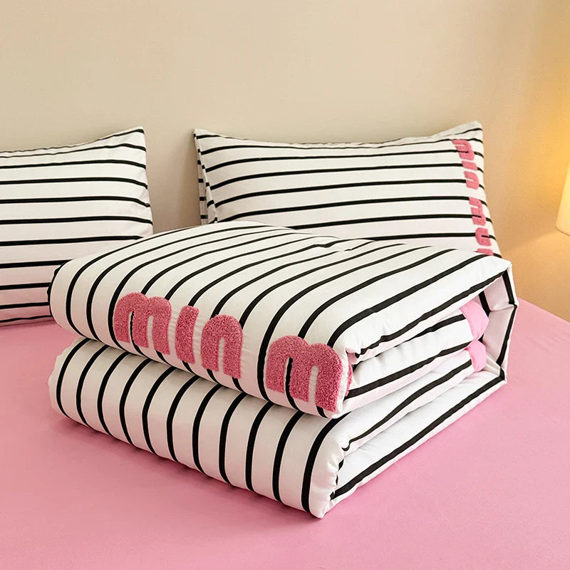 Stripe Quilt set Pink And White Bedding Set with Flat Sheet Set Soft  Fluffy Embroidery Quilt Set