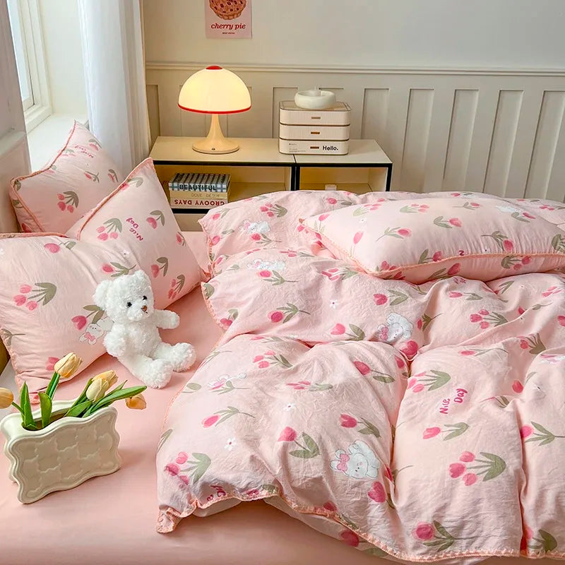 Tulip Double Layer Yarn Quilt Cover Bed Sheet Pillowcase Bedding Set Girls Duvet Cover Set No Filler