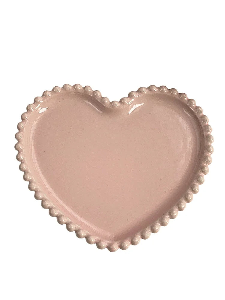 Porcelain Red Pink Bead Dots Ceramic Heart Dinner Plate Tableware
