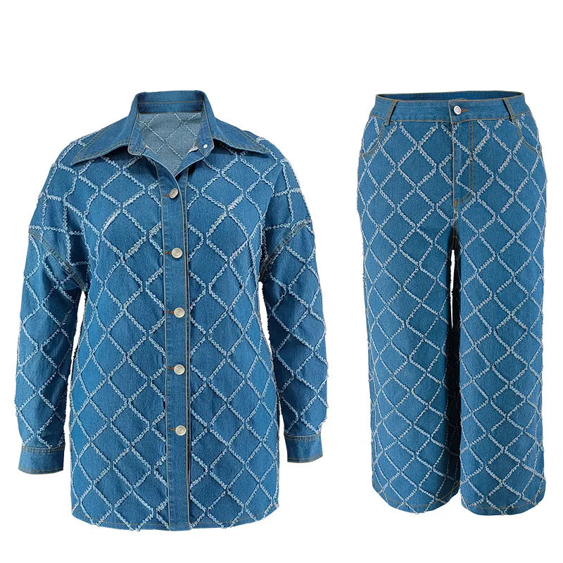 Plus Size Fashion Women Two Pieces Set Spring Long Sleeve Button Blouse Top Wide Leg Pants Oversized 2 Pieces Casual Clothes