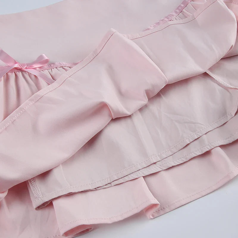 Hot-sweet Pink Spliced Summer Mini Skirt Bow Fashion Cute Folds A-Line Women Skirts Coquette Clothes