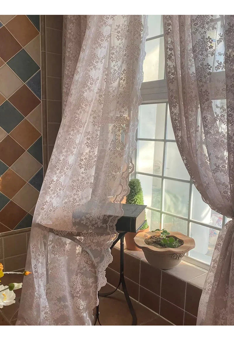 Flower Pink Sheer l French Romantic Jacquard Lace Macrame Tulle Curtain
