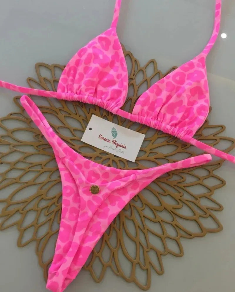 Sexy Bikini Sets Halter Lace-up Tops Thongs Beach Style Bathing Suit Swimsuits for Women