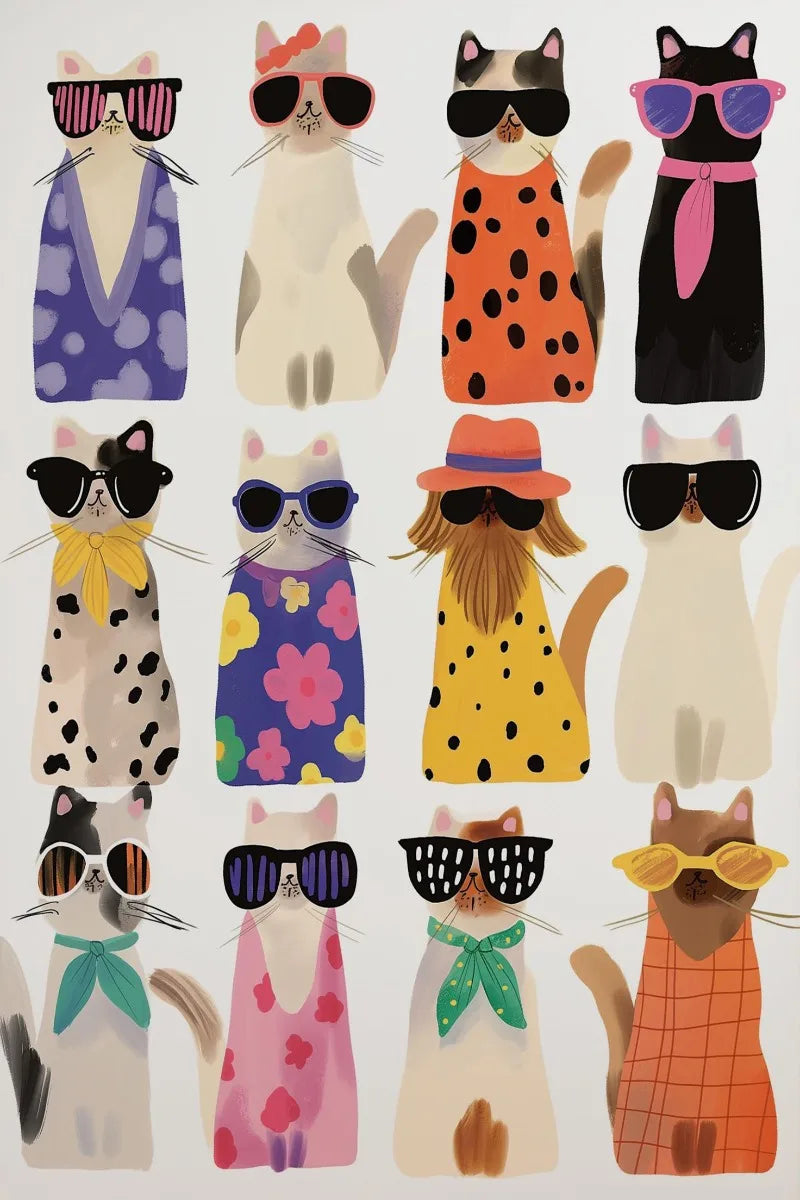 Cool Cats In Sunglasses Collection Stylish Felines Puppy Colorful Poster Print Wall Art Pictures Canvas Painting Room Home Decor