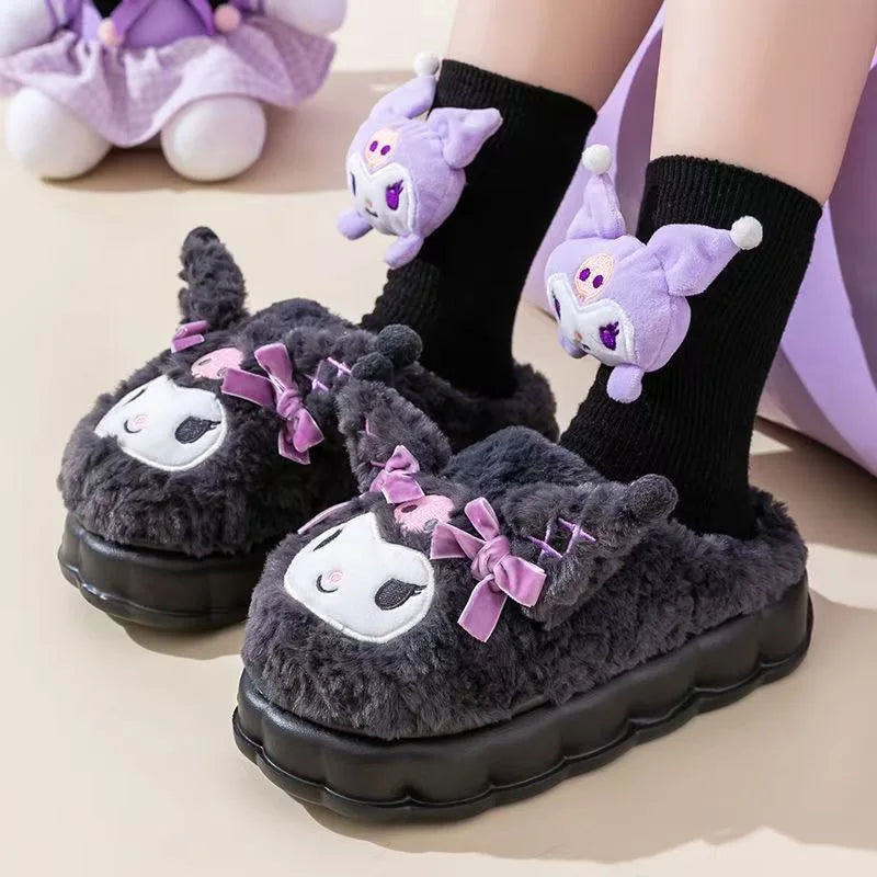 Kuromi Cotton Slippers For Women's Autumn And Winter Home Anti Slip Cute Student Cartoon Plush Cotton Shoes Thickened
