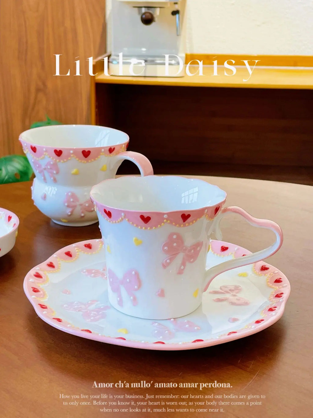 Pink Bow Ceramic Cup Saucer Set Handmade High Quality Cute Bow Breakfast Cups