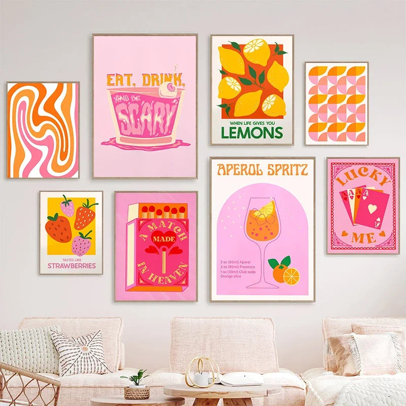 Pink Strawberry Lemon Card Cocktails Drink Posters Retro Canvas Painting