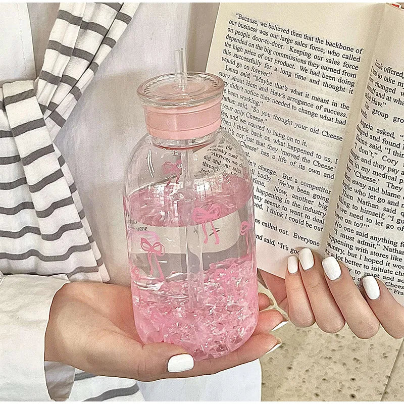 Cute Bow Plastic Bottle Ice With Straw Lid Sweet High-value Bow Cup Portable Cup