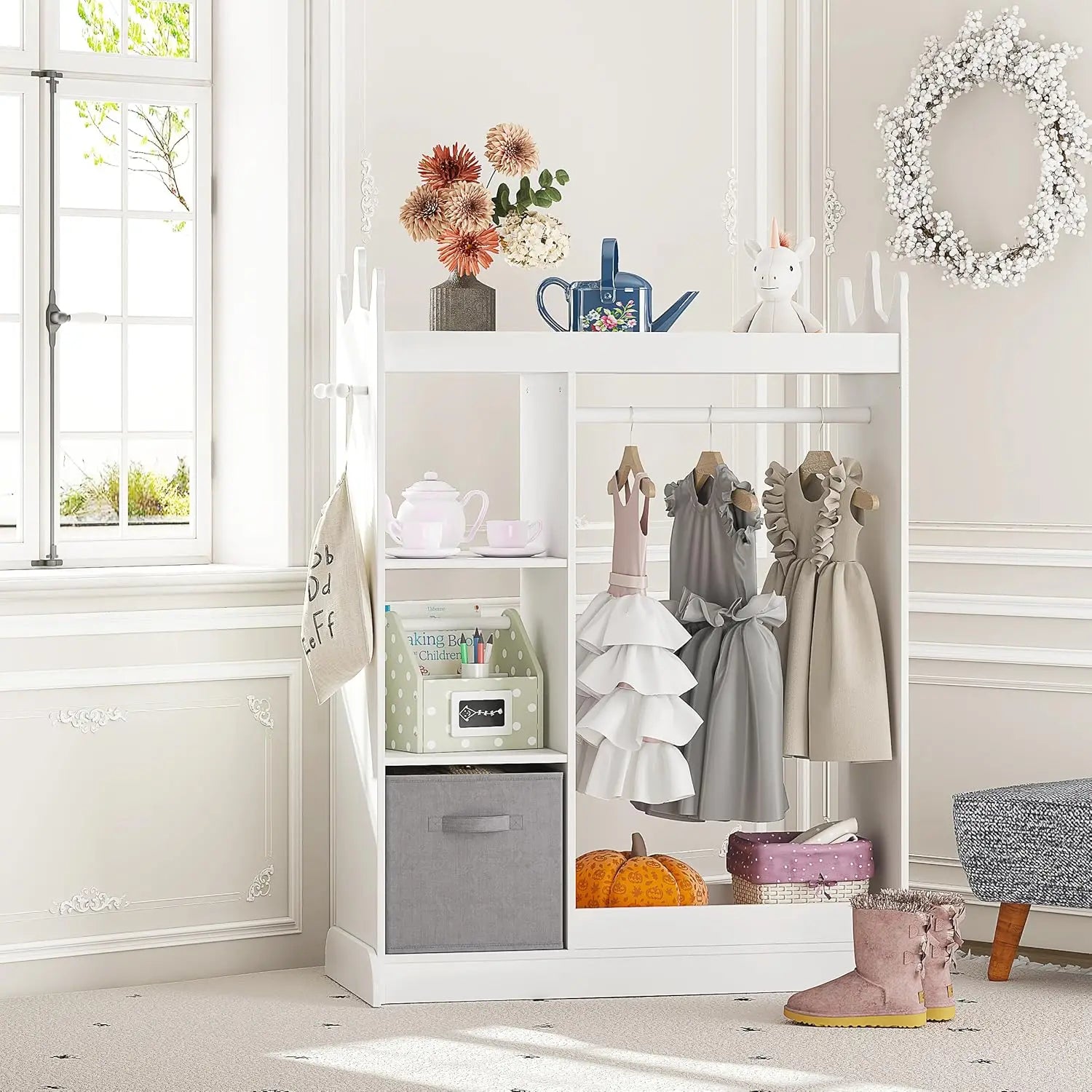 Kids Armoire Wardrobe Closet with Mirror and Storage Bin, Pink,  33.4 in W x 15.75 in D x 44.5 in H