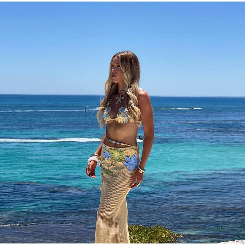 Sexy Beach Women's Set Beading Flower Crochet Crop Top Slim Maxi Skirt Female Suit Summer Hollow Out Knit Lady Dress Sets