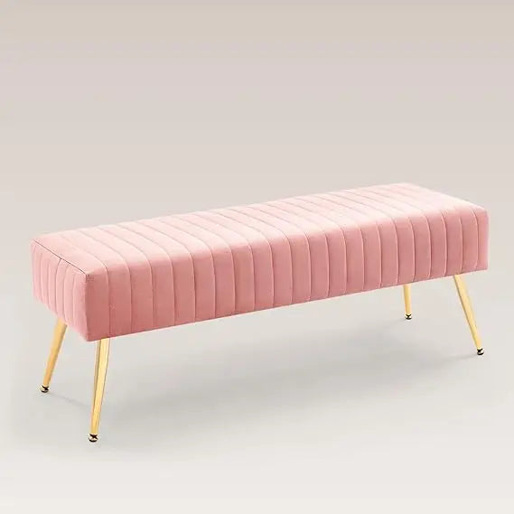 Pink Velvet Ottoman Bench, Modern Upholstered Bedroom Benches Footrest Stool Indoor Bench for Entryway Living Room Bedroom 44 Inch