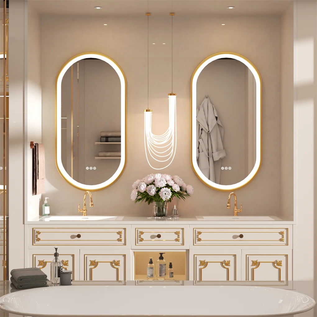 Luxury Oval Led Illuminated Bathroom Mirror Gold Aluminum Frame with Demister Pad