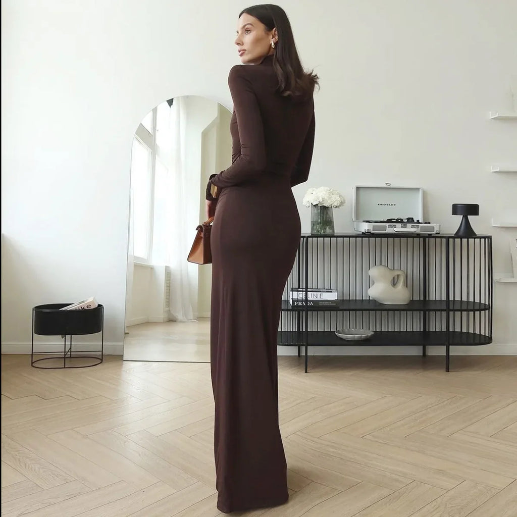 Pleated Bandage Long High Waist Slim Patchwork Long Sleeve Elegant Women's Maxi Dress