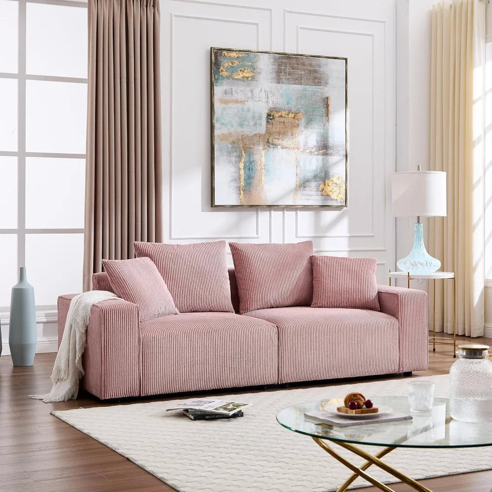 Modern Corduroy Sofa, 88.5 inch Wide, Living Room Couch with Wide Arms, 3-Seater Living Room Couch with Throw Pillows