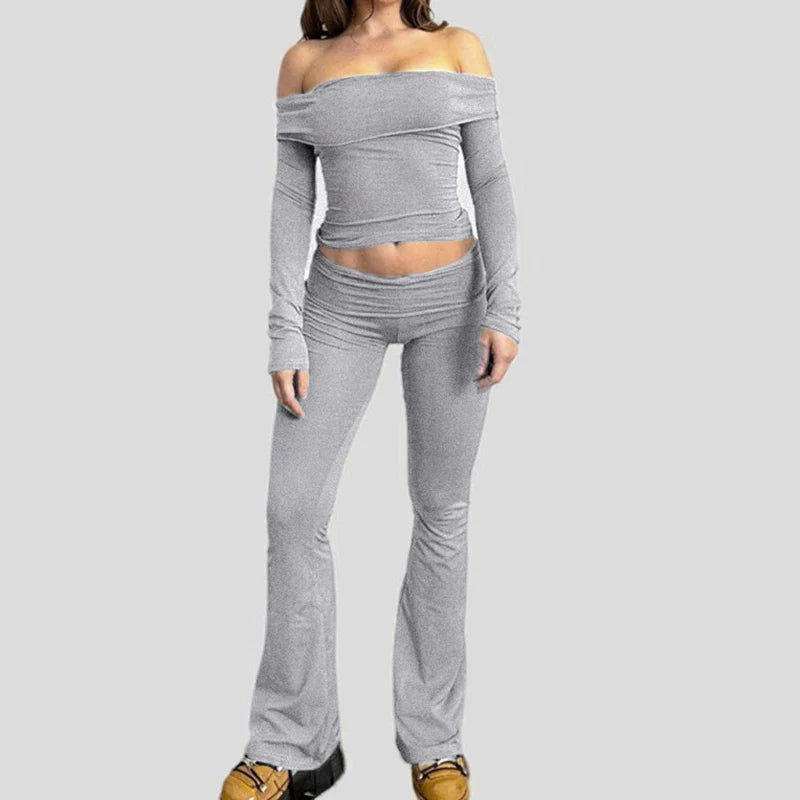 Slash Neck Top and Casual Pants Sets Women's Two Pieces Of Outfits Streetwear Solid Fashion Y2K Basic Slim Clothes