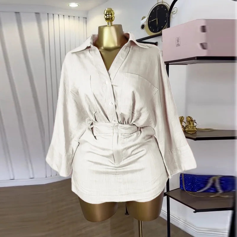 Fashion Women's Set Full Sleeve Turn-down Collar T-shirt and Skirts Shorts Chic Two 2 Piece Sets Outfit