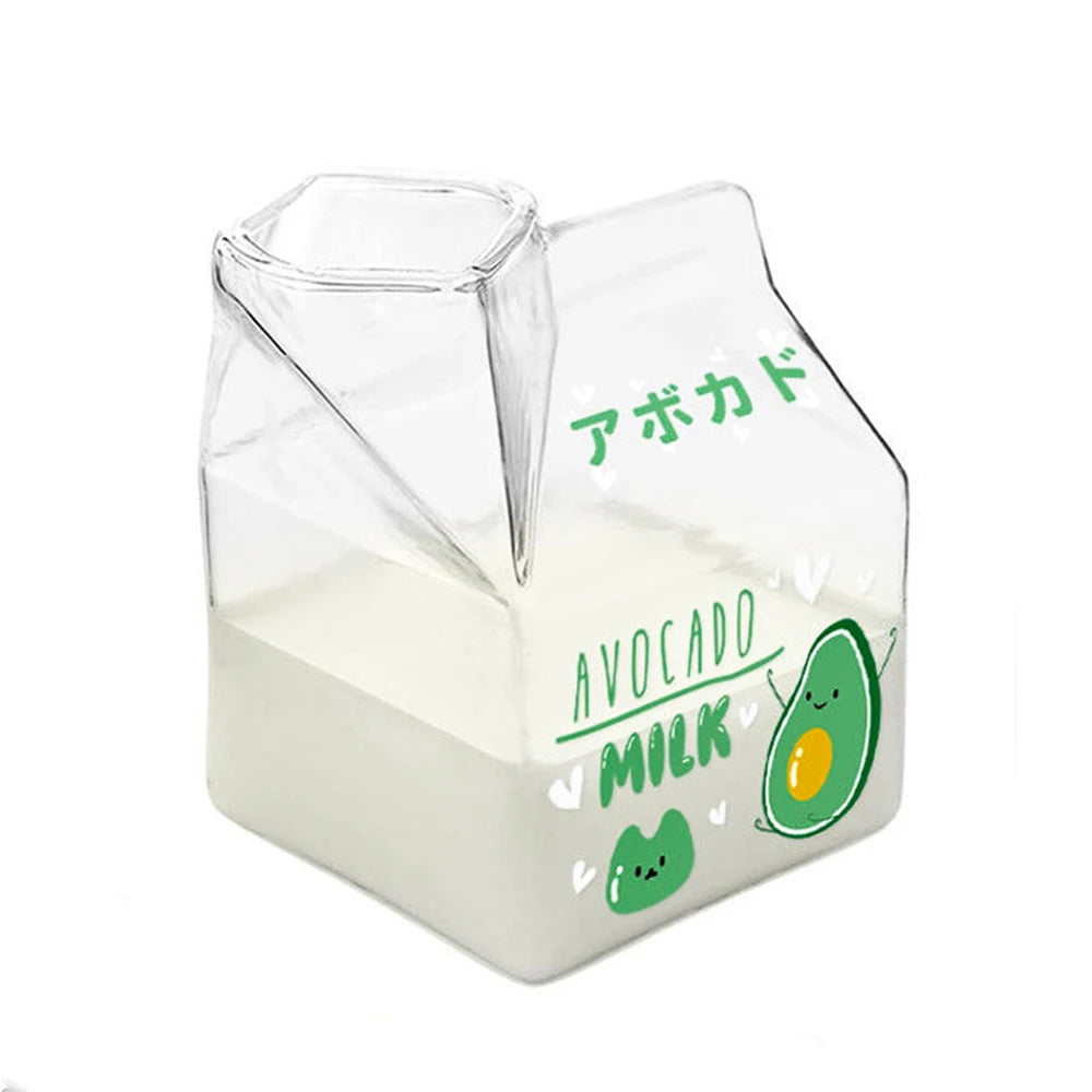 Kawaii Square Milk Carton Glass Cup Heat Resistant Cute Strawberry Peach Breakfast Cup Pudding Cup 380ml